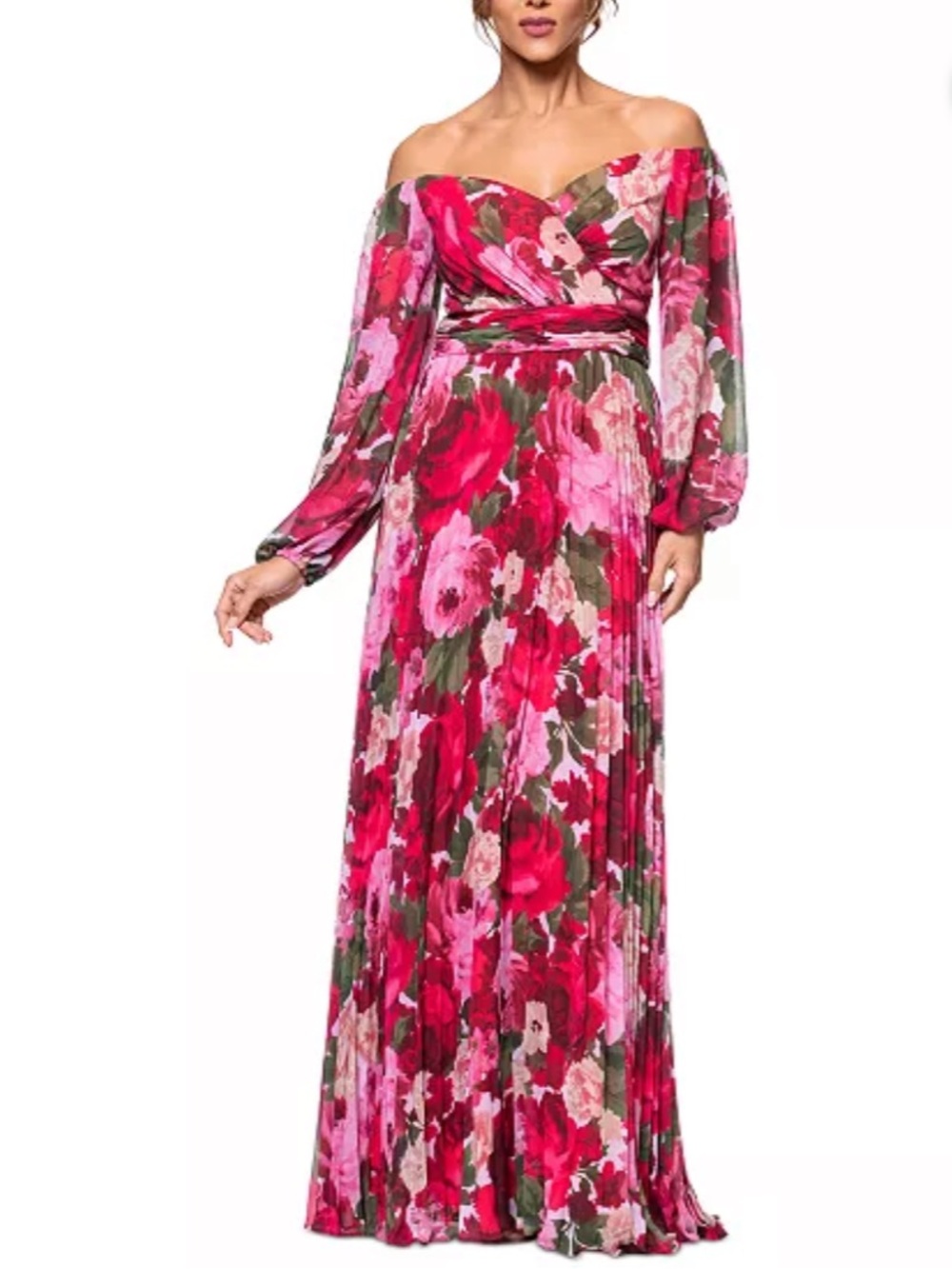NWT XSCAPE Floral Off-Shoulder Long Semi-Sheer Pleated Lined Dress Gown Size 6